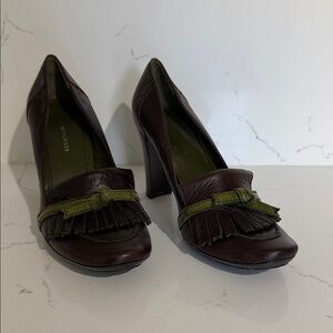 Tommy Hilfiger Dark Brown Leather Fringe Heels with Olive Accent